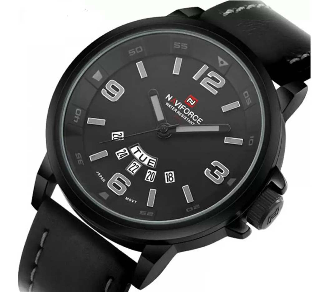 שעון עור גברים Naviforce 9028 עם תאריך ויום זמין בשחור ועם מספרים חומים