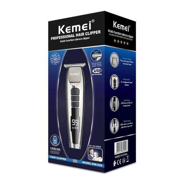 מכונת גילוח של מותג Kemei עם מסך דיגיטלי להצגת אחוזי טעינה