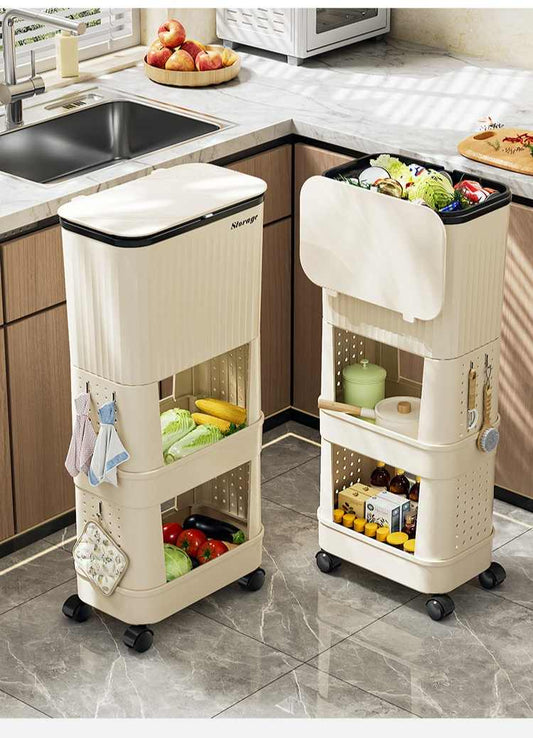 سلة نفايات للمطبخ مع رفين لتنظيم اغراض المطبخ وعجلات لسهولة التحريك