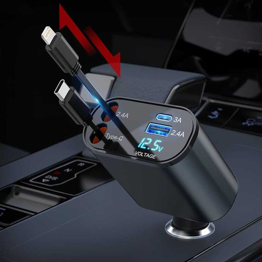 شاحن سيارة سوبر فاست يدعم الآيفون والتايب سي مع كيبل قابل للسحب