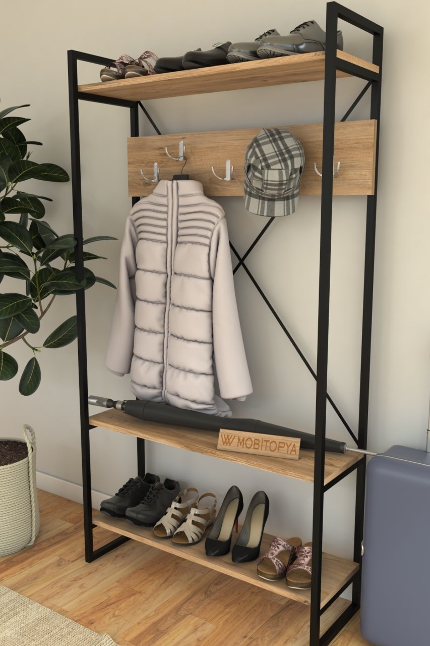 מעמד לתליית בגדים מבנה מתכת עם מדפי עץ דגם VS-01