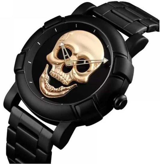 שעון מודרני עם מסגרת שחורה וצורת גולגולת