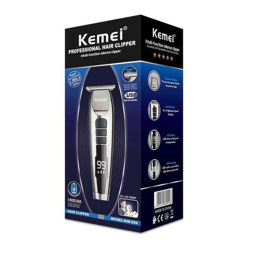 מכונת גילוח של מותג Kemei עם מסך דיגיטלי להצגת אחוזי טעינה