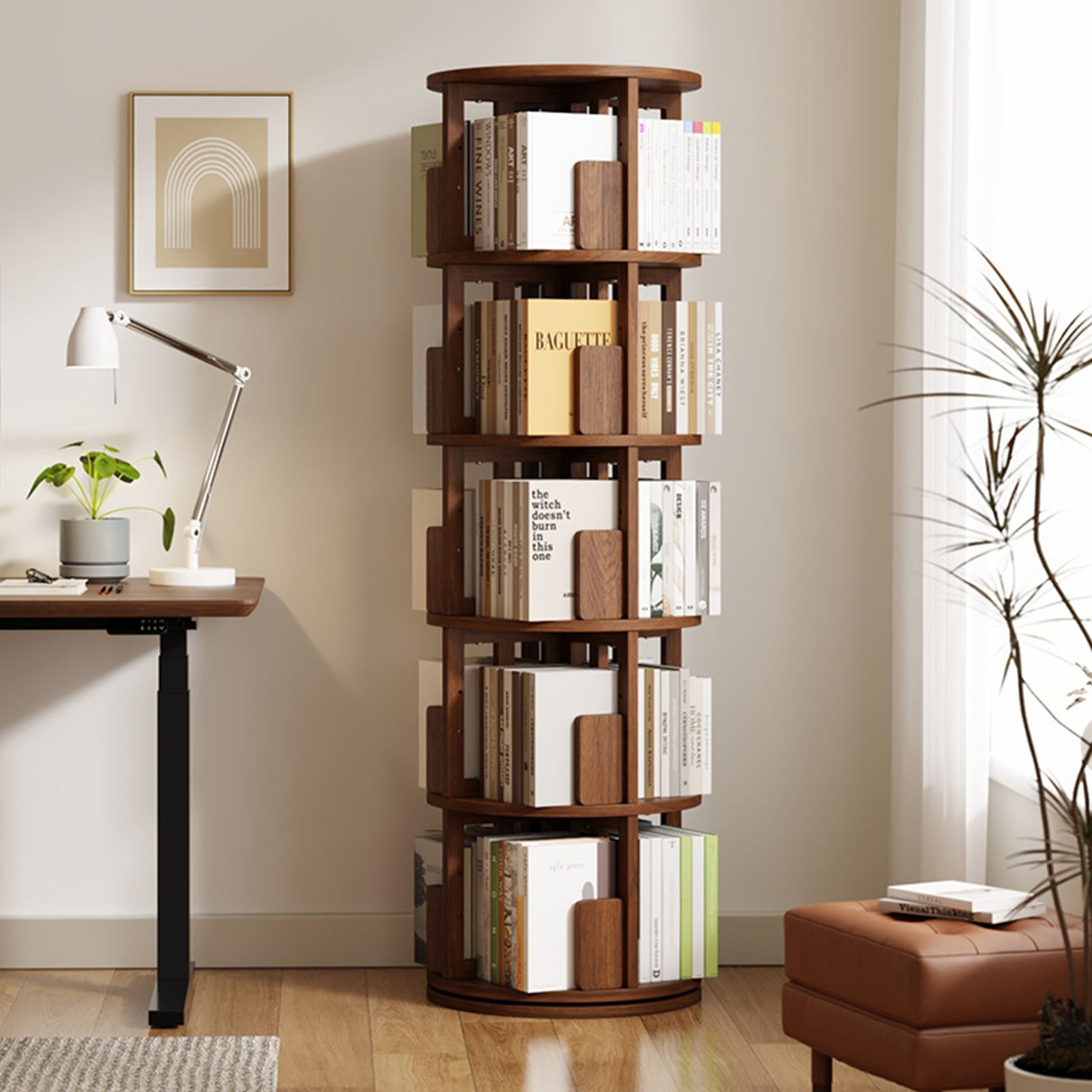 مكتبة خشبية متعددة الاستخدامات بتصميم دوار مكونة من 4 طبقات
