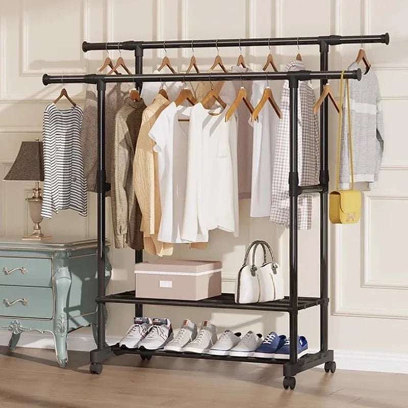 מעמד בגדים מתכת כפול עם מדפים להנחת נעליים