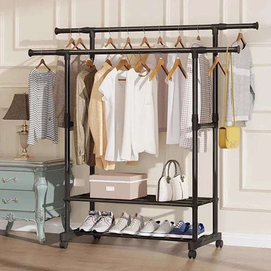 מעמד בגדים מתכת כפול עם מדפים להנחת נעליים