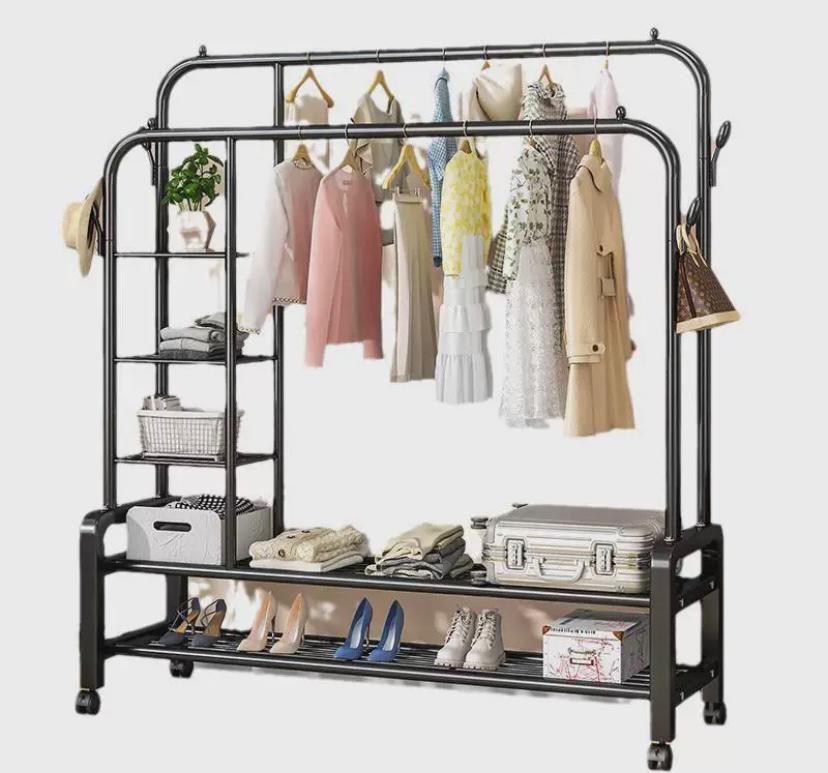 מעמד בגדים כפול עם מדפי צד ומדף תחתון 12-3